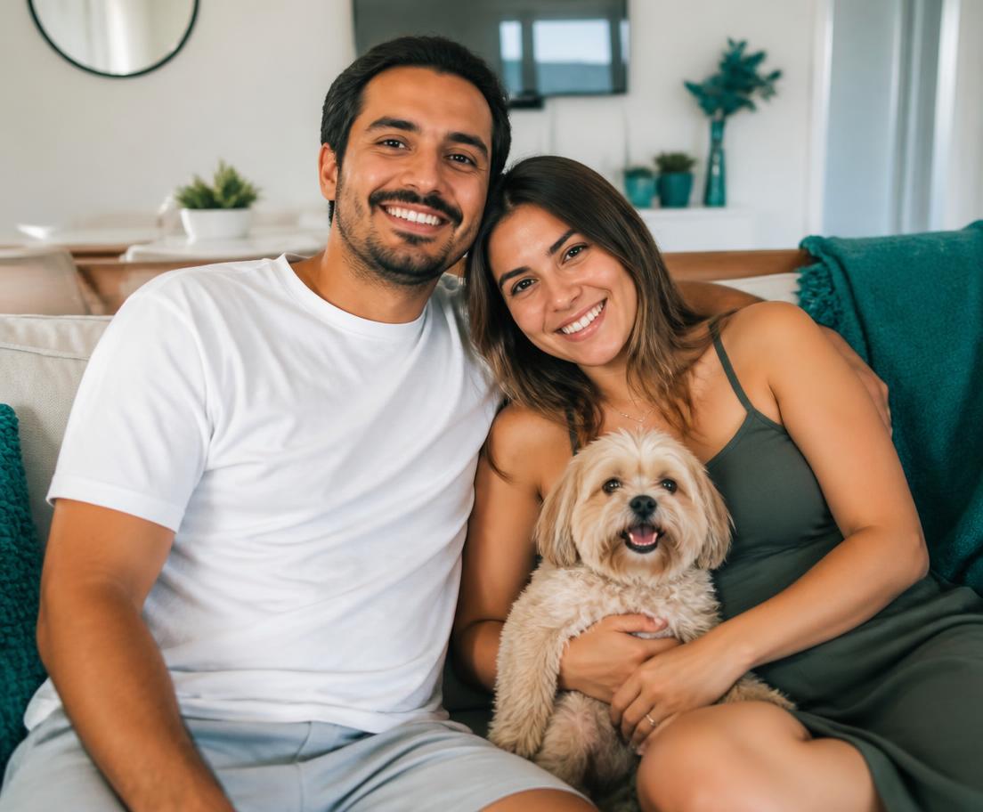 Casal sorrindo no sofá com seu cachorro no colo