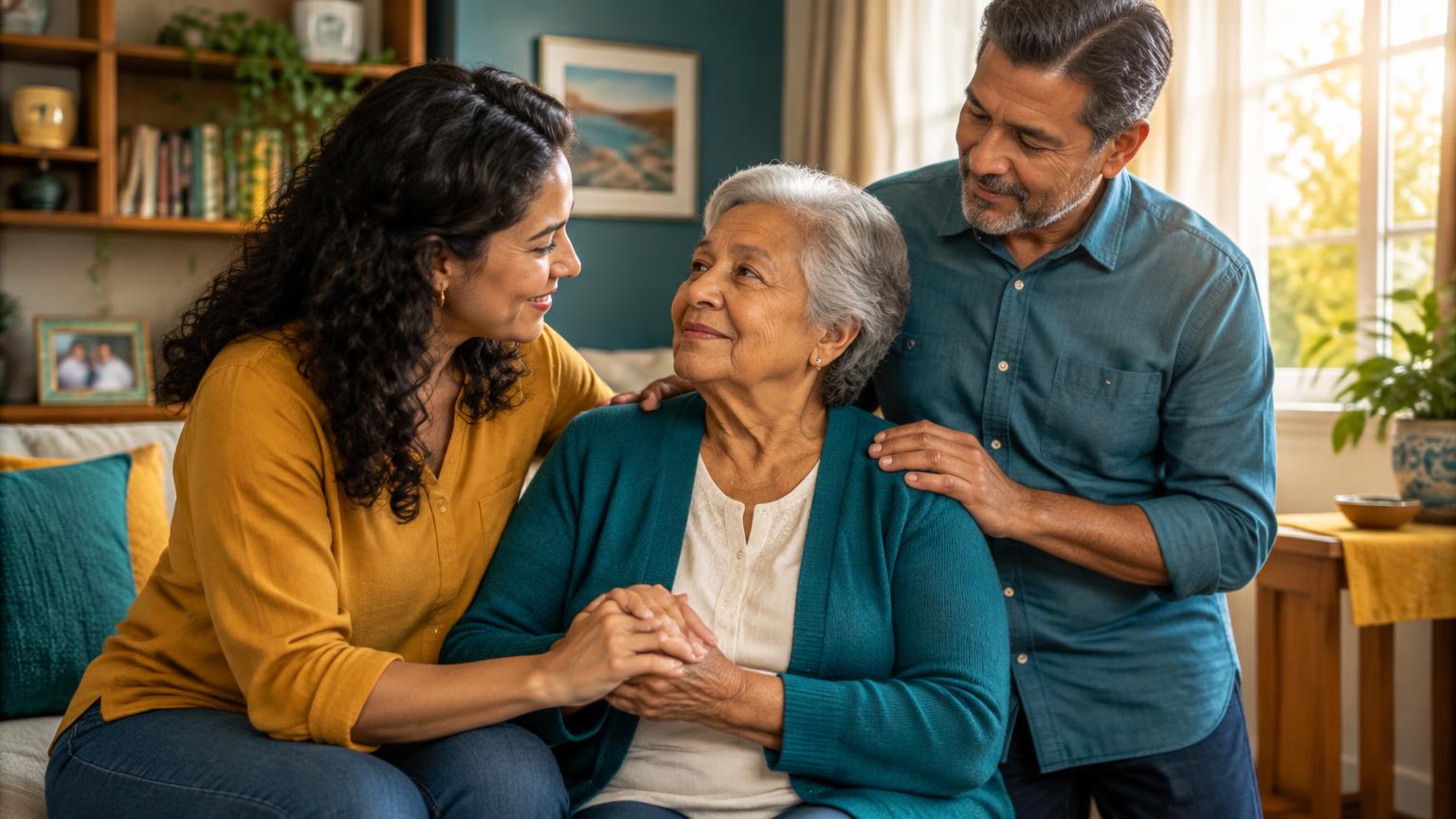 Família oferecendo cuidado e apoio a uma senhora idosa