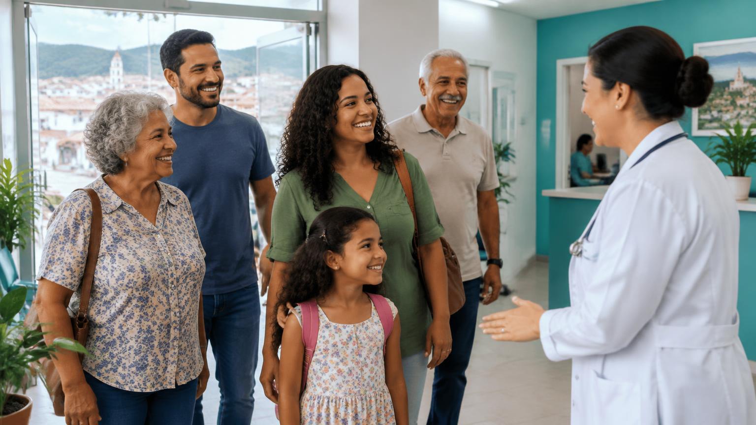 Família sendo recebida por uma profissional de saúde em uma clínica