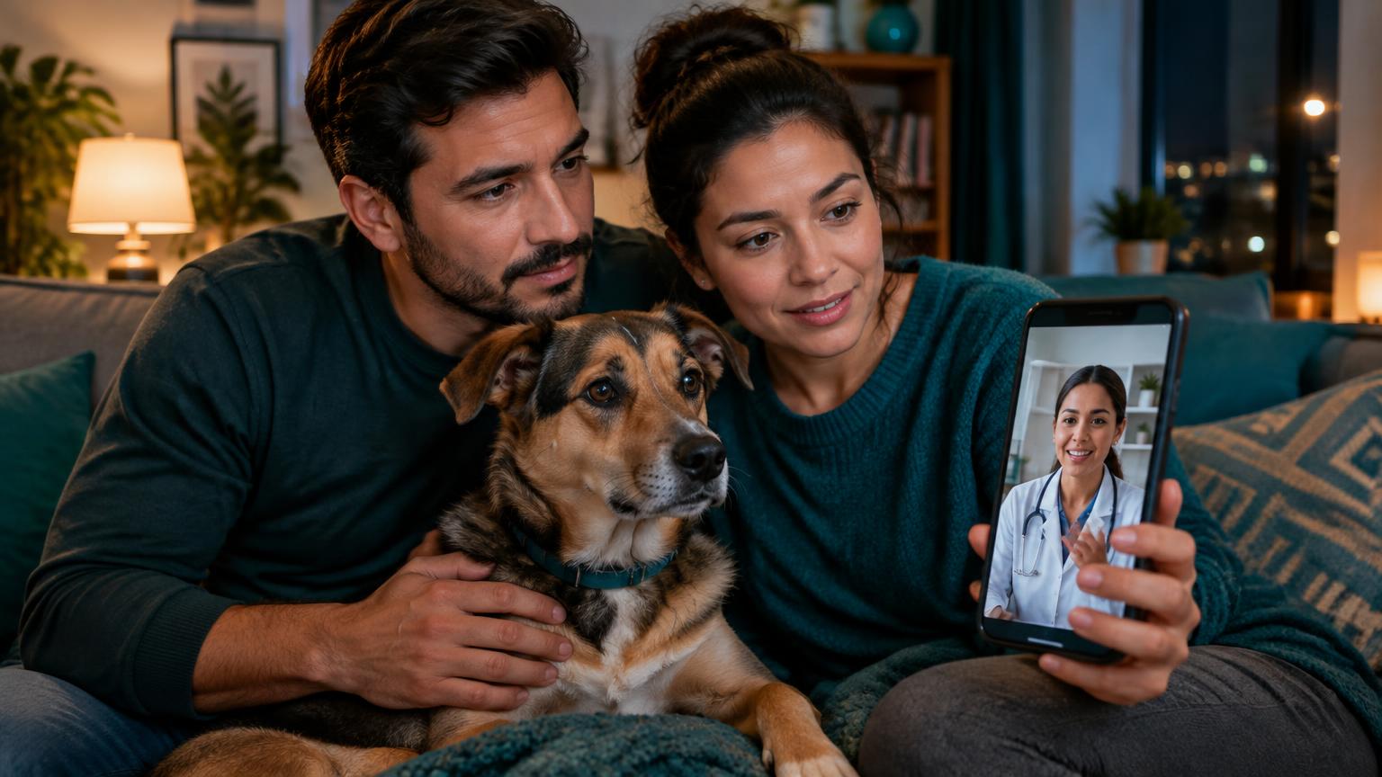 Casal com seu cachorro conversando com uma veterinária pelo celular