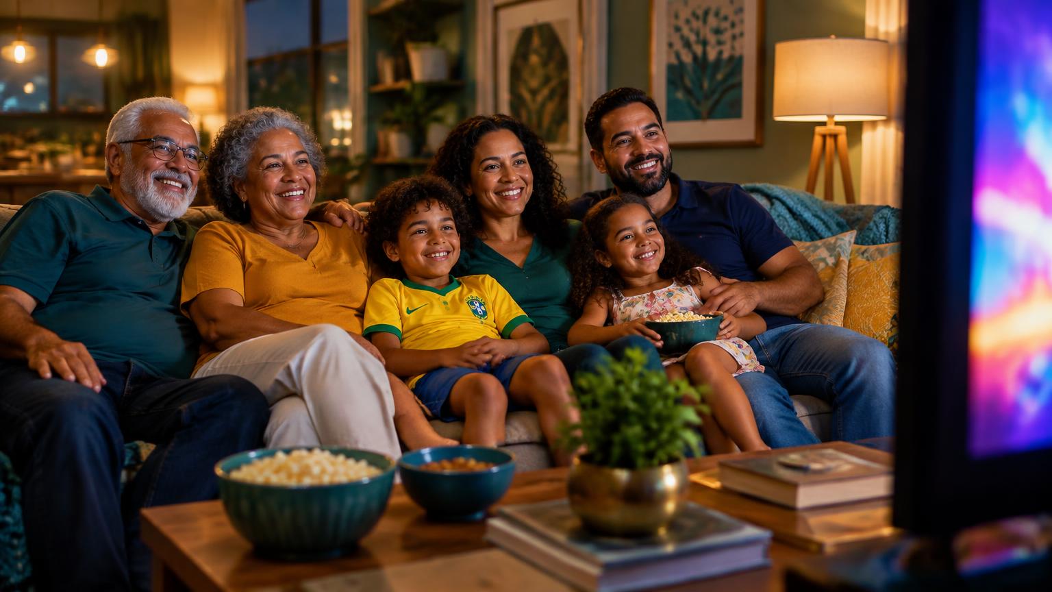 Família reunida na sala assistindo televisão